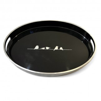 Black oval tray engraved with birds, pasted with silver foil  28*40 cm